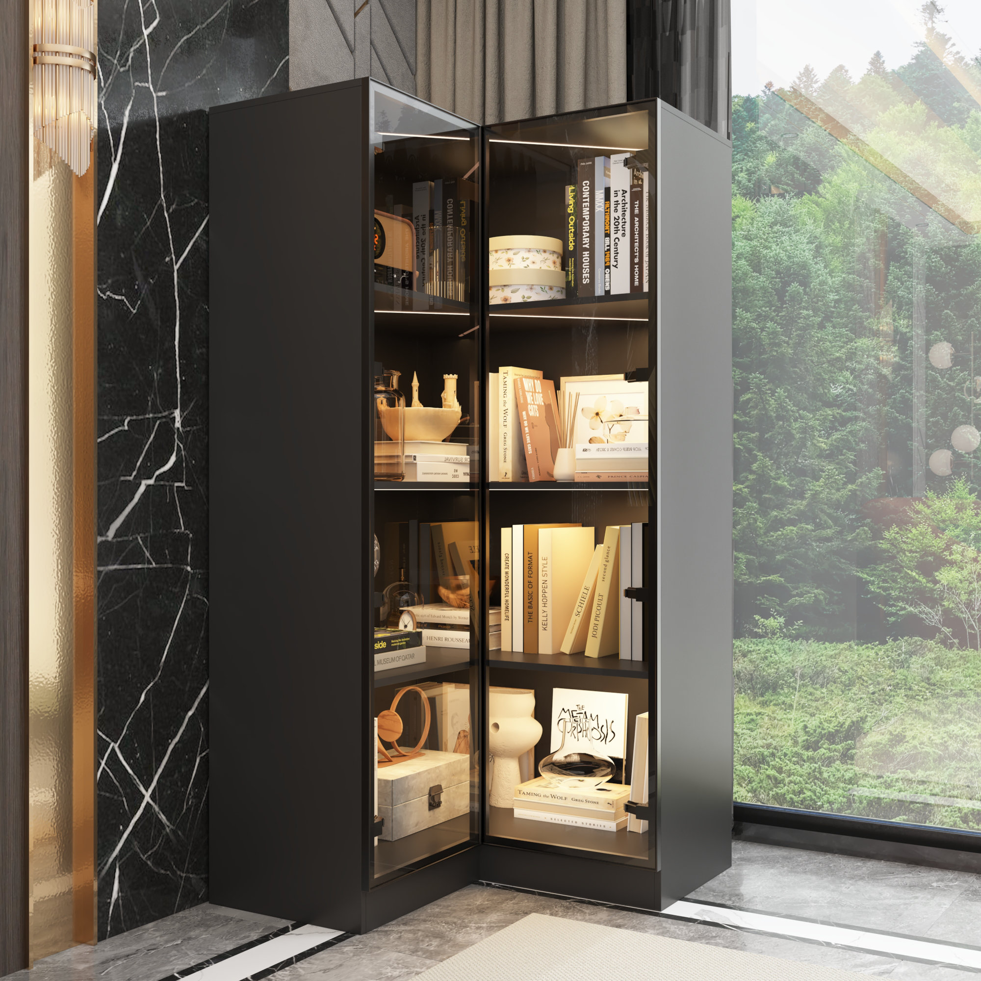 Brayden Studio 63 H 4 Layer Corner Bookcase With Glass Doors And LED Lights Wayfair